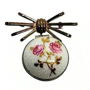 Vintage Brooch Double Locket Guilloche Roses NOS Ball & Ribbon Bow 12k Gold GE